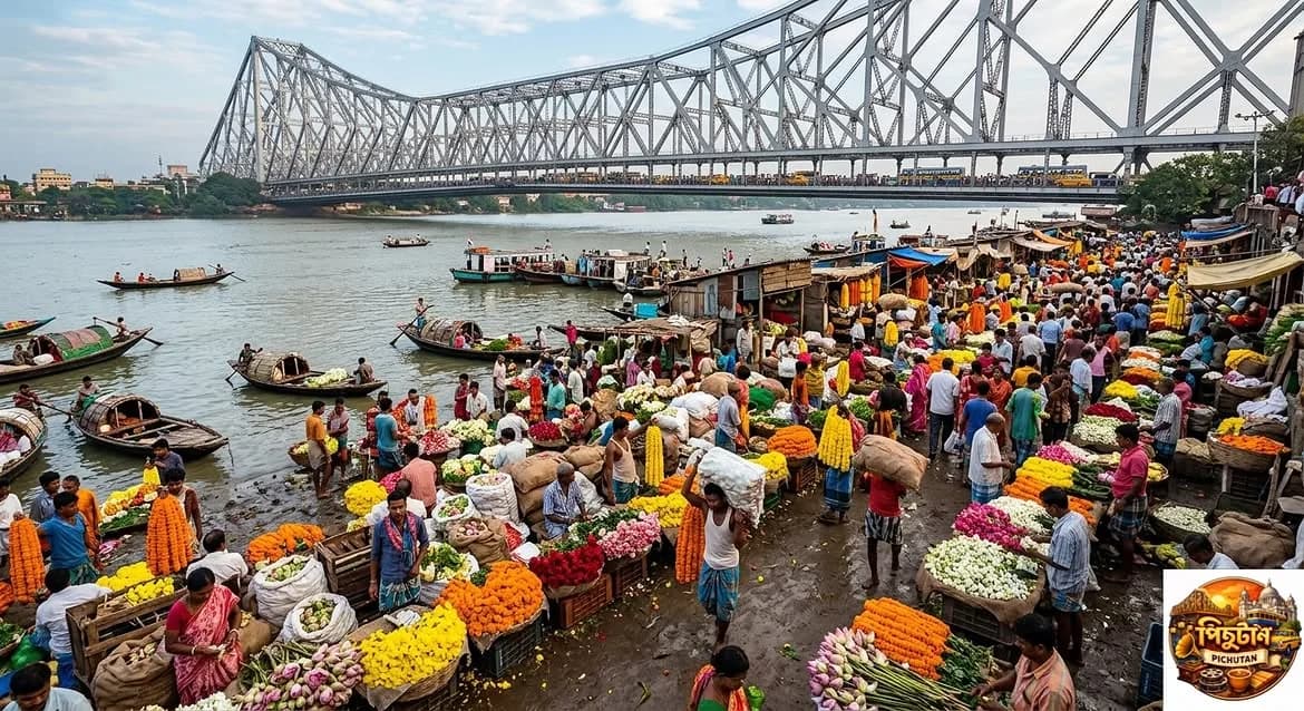 Mullick Ghat Flower Market and Howrah Bridge
